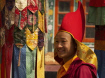 India, Sikkim, Buddhist monk in a Losar ceremonial procession.