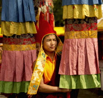 India, Sikkim, Buddhist monk in a Losar procession.