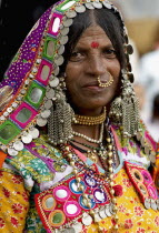 India, Karnataka, Lambani Gypsy woman. Tribal forest dwellers, now settled in 30-home rural hamlets. Related to the Rabaris gypsies of Kutch, Gujarat.