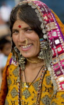 India, Karnataka, Lambani Gypsy woman. Tribal forest dwellers, now settled in 30-home rural hamlets. Related to the Rabaris gypsies of Kutch, Gujarat.