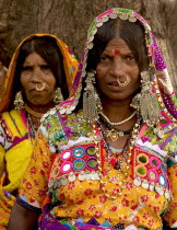 India, Karnataka, Lambani Gypsy women. Tribal forest dwellers, now settled in 30-home rural hamlets. Related to the Rabaris gypsies of Kutch, Gujarat.