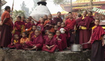 India, Sikkim, Buddhist Lama Monks  in a bonfire ceremony for Losar.