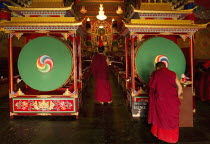 India, Sikkim, Buddhist Lama Monks in a ritual in a monastery.