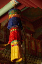 India, Sikkim, Silk hangings in a Buddhist monastery.