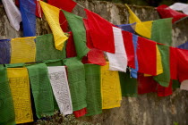 India, Sikkim, prayer flags in Buddhist monastery.