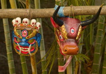 India , West Bengal, Kalimpong, Masks being prepared for the Losar dance at a Buddhist Monastery.