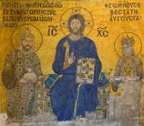 Turkey, Istanbul, Sultanahmet, Haghia Sophia 11th Century Mosaic of Christ with Emperor Constantine IX and Empress Zoe.