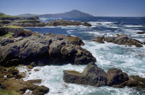 Ireland, County Mayo, Achill Island, Rocky coastline along Atlantic Drive.