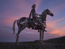 Ireland, County Roscommon, Boyle, The Chieftain steel sculpture of a figure on horseback.