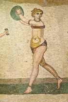 Italy, Sicily, Piazza Armerina,Villa Romana del Casale, Mosaic of female gymnasts in bikinis, Hall of Female Gymnasts.