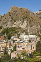 Italy, Sicily, Taormina, View of Saracens Castle above the town. 