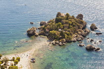 Italy, Sicily, Taormina, Baia Dell, View over Isola Bella island.