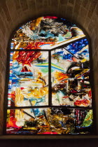Italy, Sicily, Cefalu, Piazza Duomo, Stained glass window in Cefalu Cathedral.