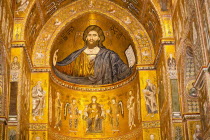 Italy, Sicily, Near Palermo, Monreale Cathedral, Jesus Christ mosaic in the apse.