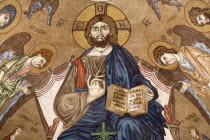 Italy, Sicily, Messina, Piazza Del Duomo, Jesus Christ mosaic inside Cathedral.