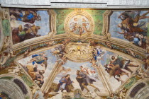 Italy, Sicily, Syracuse, Ortygia, Cathedral paintings on ceiling of Santissimo Sacramento Chapel.