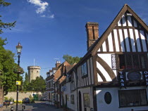 England, Warwickshire, Warwick, View of Tea Shop with Warwick Castle, Guys Tower.  UK Medieval Castles Guys Tower History Historic Historical Tea shop Tea shops...