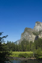 USA, California, Yosemite, View of mountains from Merced River.