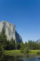 USA, California, Yosemite, View of mountains from Merced River.