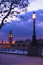 England, London, Big Ben from the South Bank at dusk.