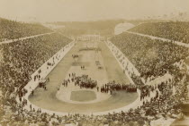 Greece, Attica, Athens, Opening ceremony of the 1896 Games of the I Olympiad in the Panathinaiko stadium, attended by King George I.