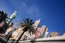 USA, Nevada, Las Vegas, New York New York hotel and casino on the strip, with scale models of NYC skyline and elevated walkway to MGM Grand.