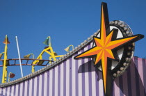 England, Lincolnshire, Skegness, Facade of amusement arcade  in clear blue sky.