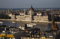 Hungary, Budapest, Buda Castle District, view over Danube and Pest with Parliament Building.