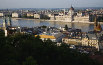 Hungary, Budapest, Buda Castle District, view over Danube and Pest with Parliament Building.