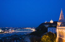 Hungary, Budapest, Buda Castle District, view over Danube and Pest from Fishermen's Bastion.