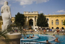 Hungary; Budapest; Pest, Outdoor bathing in summer at Szechenyi thermal baths, largest in Europe.