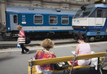 Hungary, Budapest, Passengers on platform at Keleti, the city's main International station.
