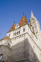 Hungary, Budapest, Buda Castle District: the tiled Bela tower of Matyas Church.