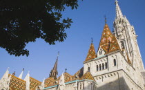 Hungary, Budapest, Buda Castle District, Matyas Church with tiled Bela tower.