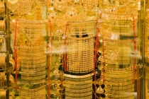 UAE , Dubai, Gold jewellery in window display of Gold Souk Deira.