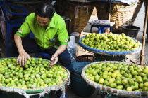 Thailand, Bangkok, stall holder displaying limes in Chinatown market.