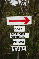 Fruit, Orchard, Pick Your Own, signs pointing the way to rows containing different varietes of tree in Grange Farm.