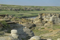 Canada, Alberta, Writing-on-Stone Provincial Park, The hoodoos and the Milk River, The park is sacred to the Blackfoot and other aboriginal tribes and is home to the largest collection of rock art on...