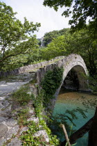 Greece, Ioannina, Zagorohoria, Voidomatis, Old Greek traditional arch style stone bridge at a nature protected area with the cleanest rivers in Europe.