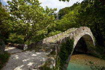 Greece, Ioannina, Zagorohoria, Voidomatis, Old Greek traditional arch style stone bridge at a nature protected area with the cleanest rivers in Europe.