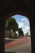 England, West Sussex, Chichester, View through archway of the Market Cross along West Street.