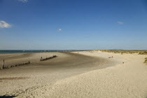 England, West Sussex, West Wittering Beach, East Head, Sandy beach and wooden groynes at low tide.