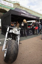 England, East Sussex, Brighton, Stall selling motorcycle accessories during bike festival on Madeira Drive.