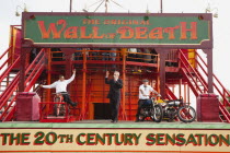 England, East Sussex, Brighton, Wall of death motorcycle fairground attraction on Madeira Drive during motorbike festival.