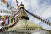 Nepal, Kathmandu, Five color prayer flags with mantras at Swayambhunath Stupa.