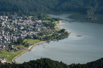 Nepal, Evening view of the Phewa Lake and Pokhara city from Sarangkot mountain.