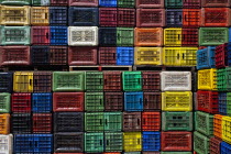 Greece, Makedonia, Verioa, geometrical colorful plastic crates forming a pattern.