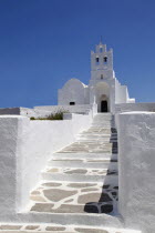 Greece, Cyclades, Islands, Sifnos Island, Church inside Chrissopigi monastery which is build on the top of a cliff nearby Platis Yalos village and it is famous for housing the miraculous icon of Panag...