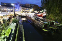 England, London, Camden Lock Market, Looking down on early evening Christmas shoppers.