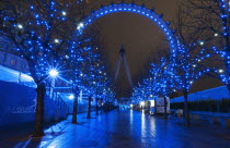 England, London, London Eye illuminated blue at night.